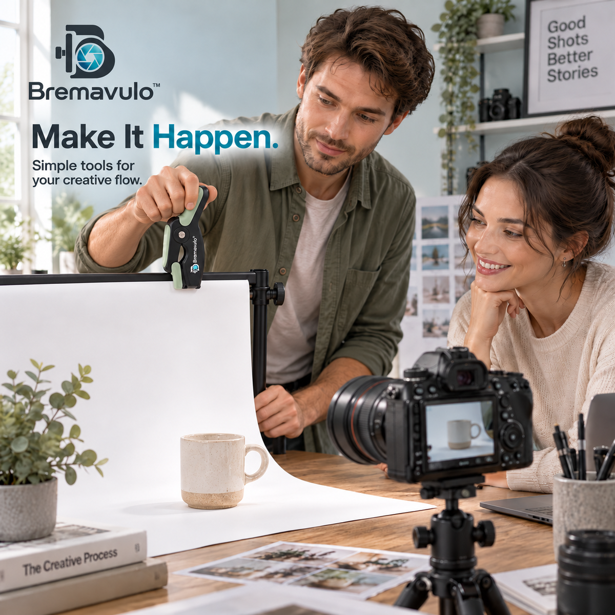 Bremavulo BackdropGrip securing a photography backdrop during a tabletop product shoot