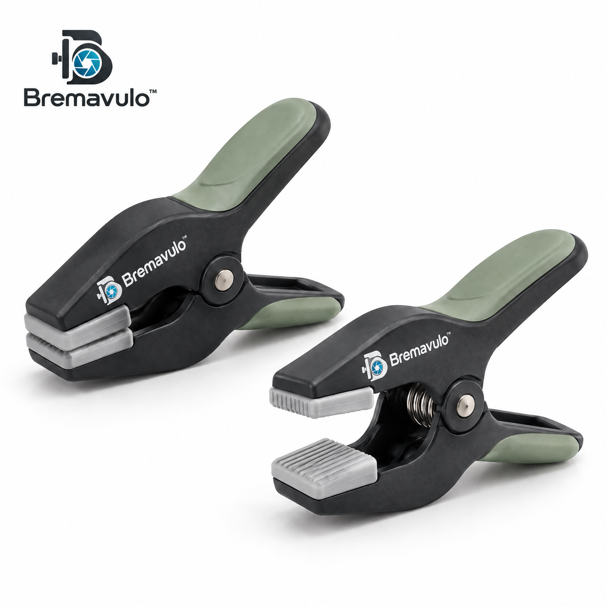 Bremavulo BackdropGrip black and sage photography spring clamp on a white background