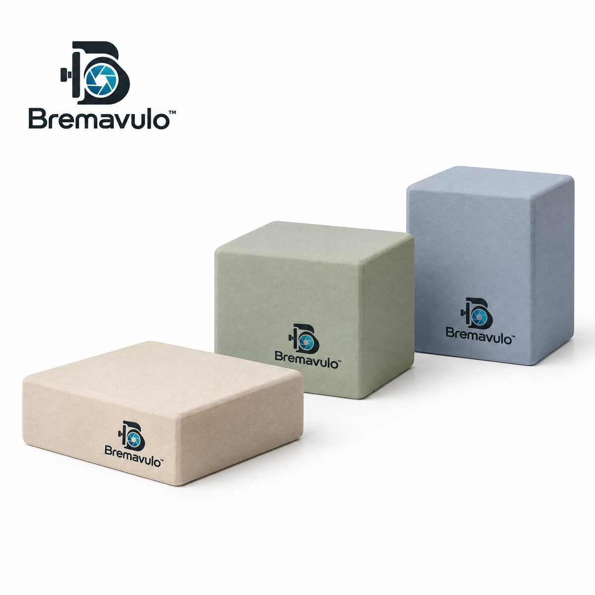 Bremavulo ElevateBlock three separate cream, sage and blue display risers on a white background