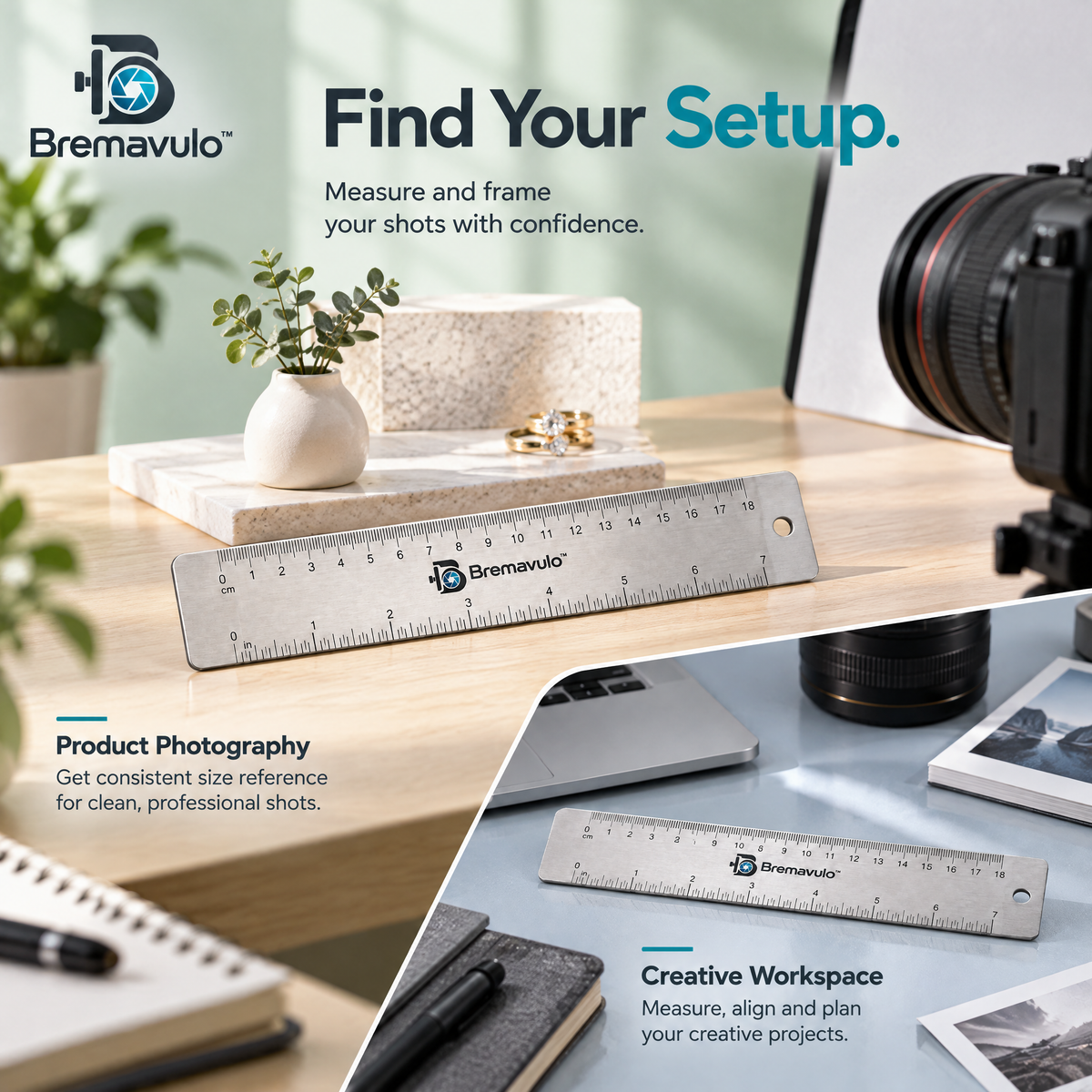 Bremavulo FocusScale used for size reference in product photography and workspace arrangements