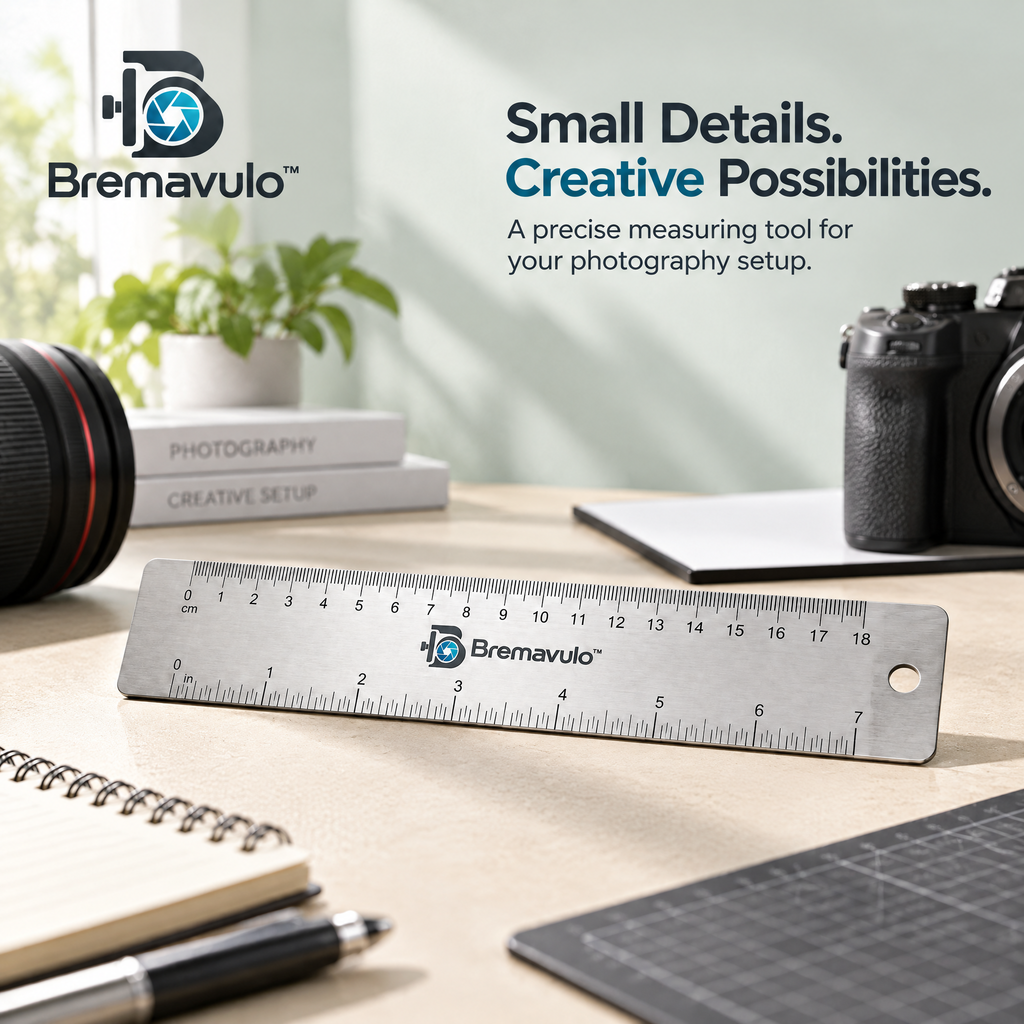 Bremavulo FocusScale matte stainless-steel ruler in a photography workspace