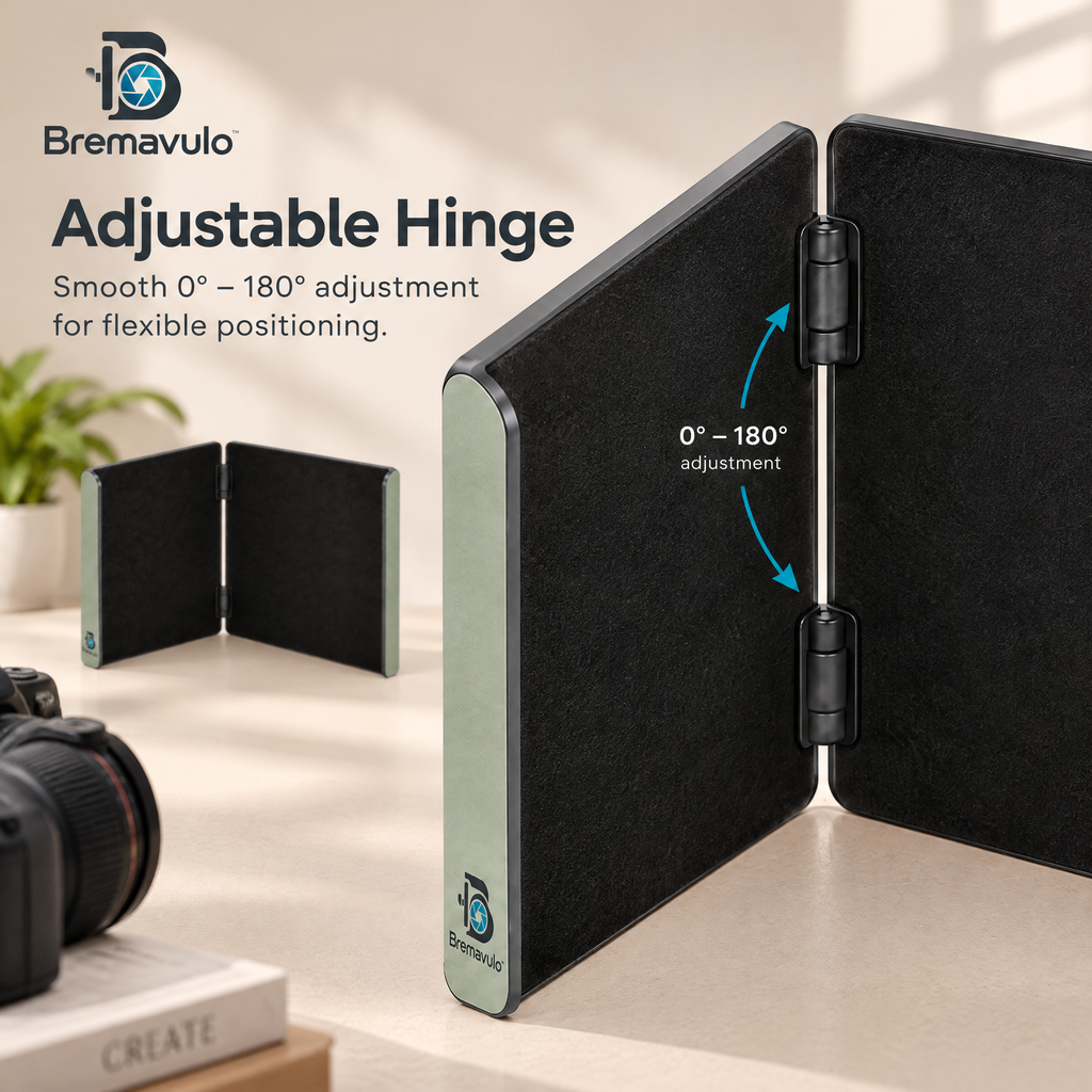 Bremavulo GlareShield hinged panels adjusted to shape incoming light around a subject