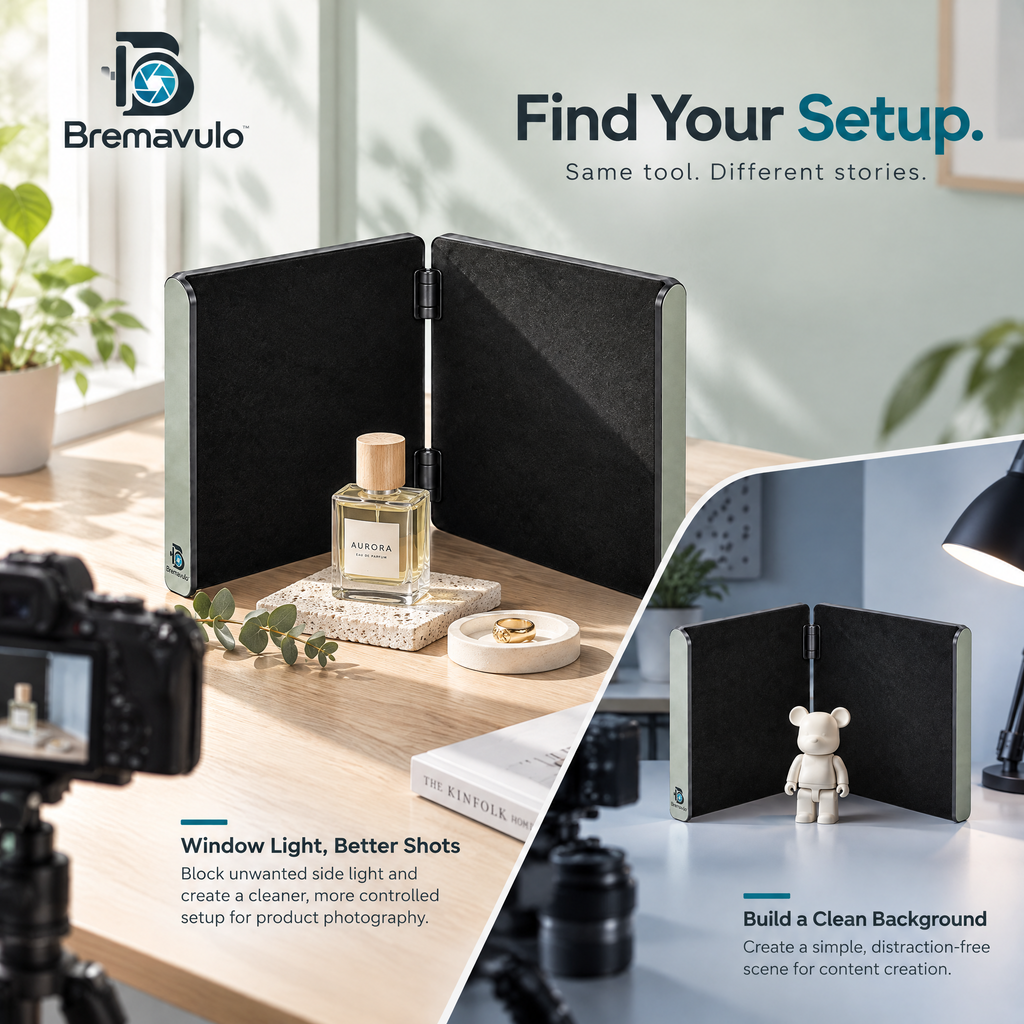 Bremavulo GlareShield tabletop flag used to refine reflections during product photography