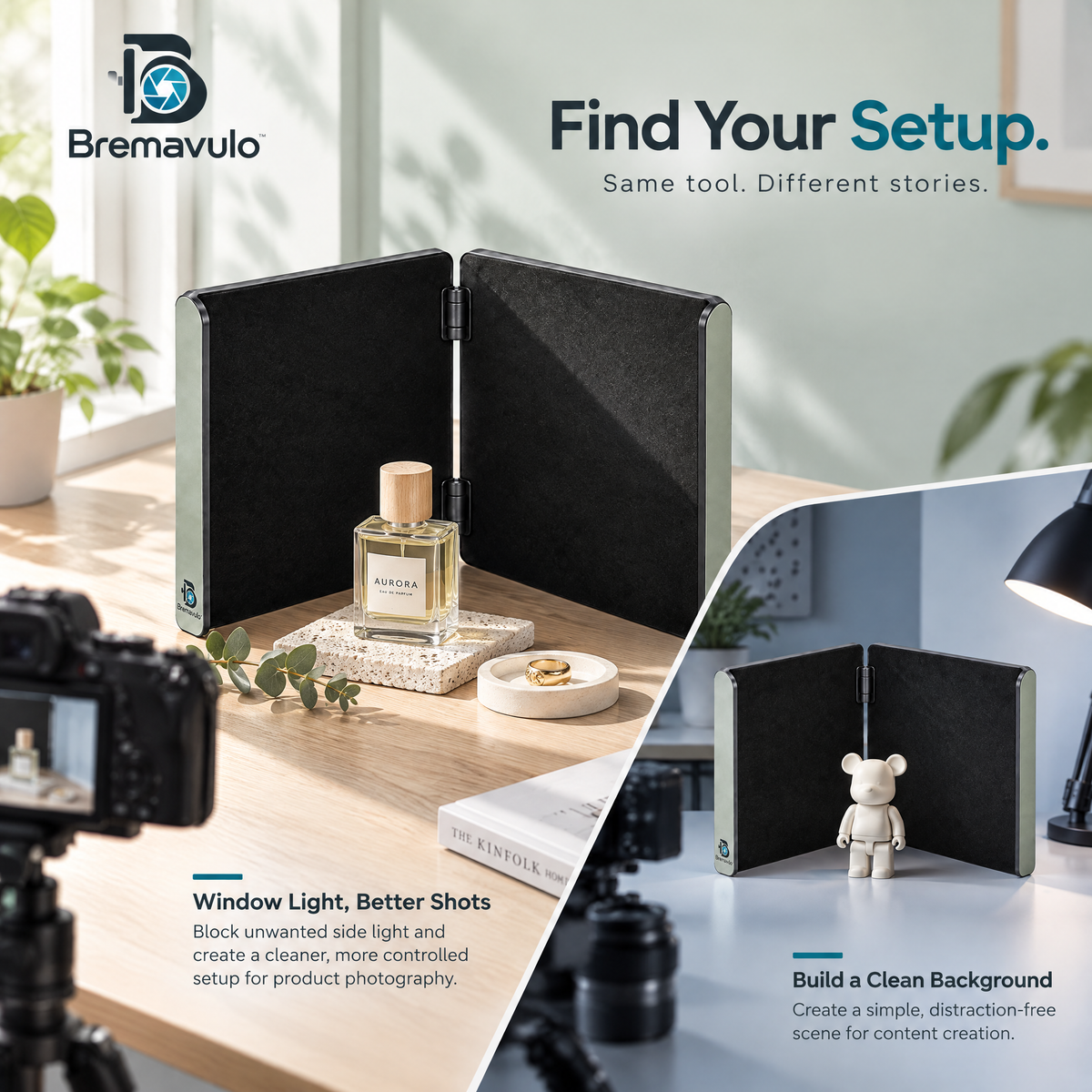 Bremavulo GlareShield tabletop flag used to refine reflections during product photography