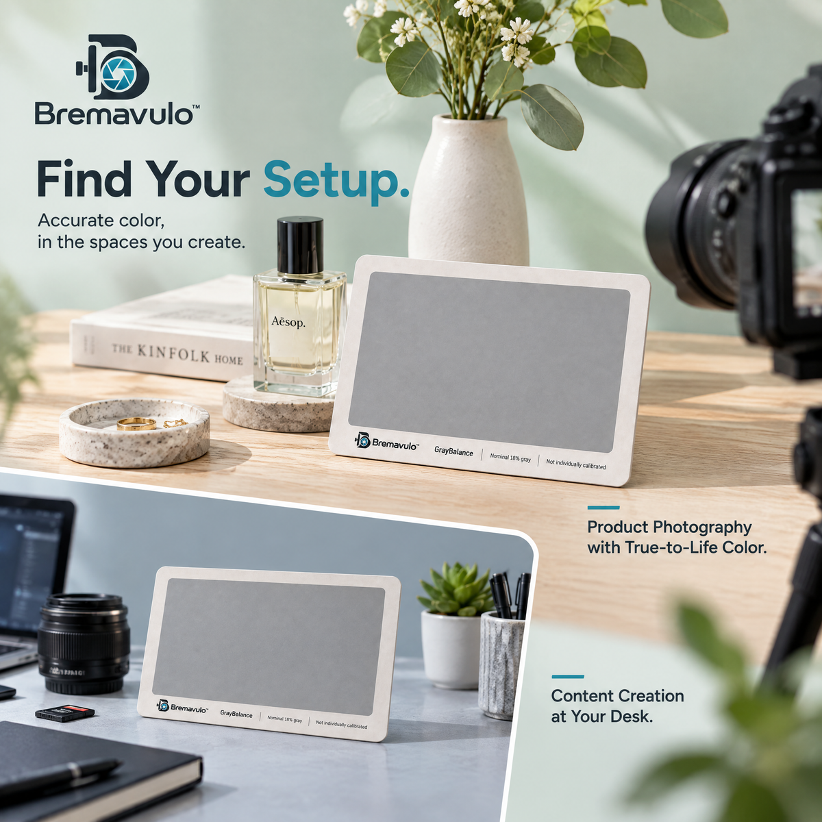 Bremavulo GrayBalance card used as a photography reference in studio and desk settings