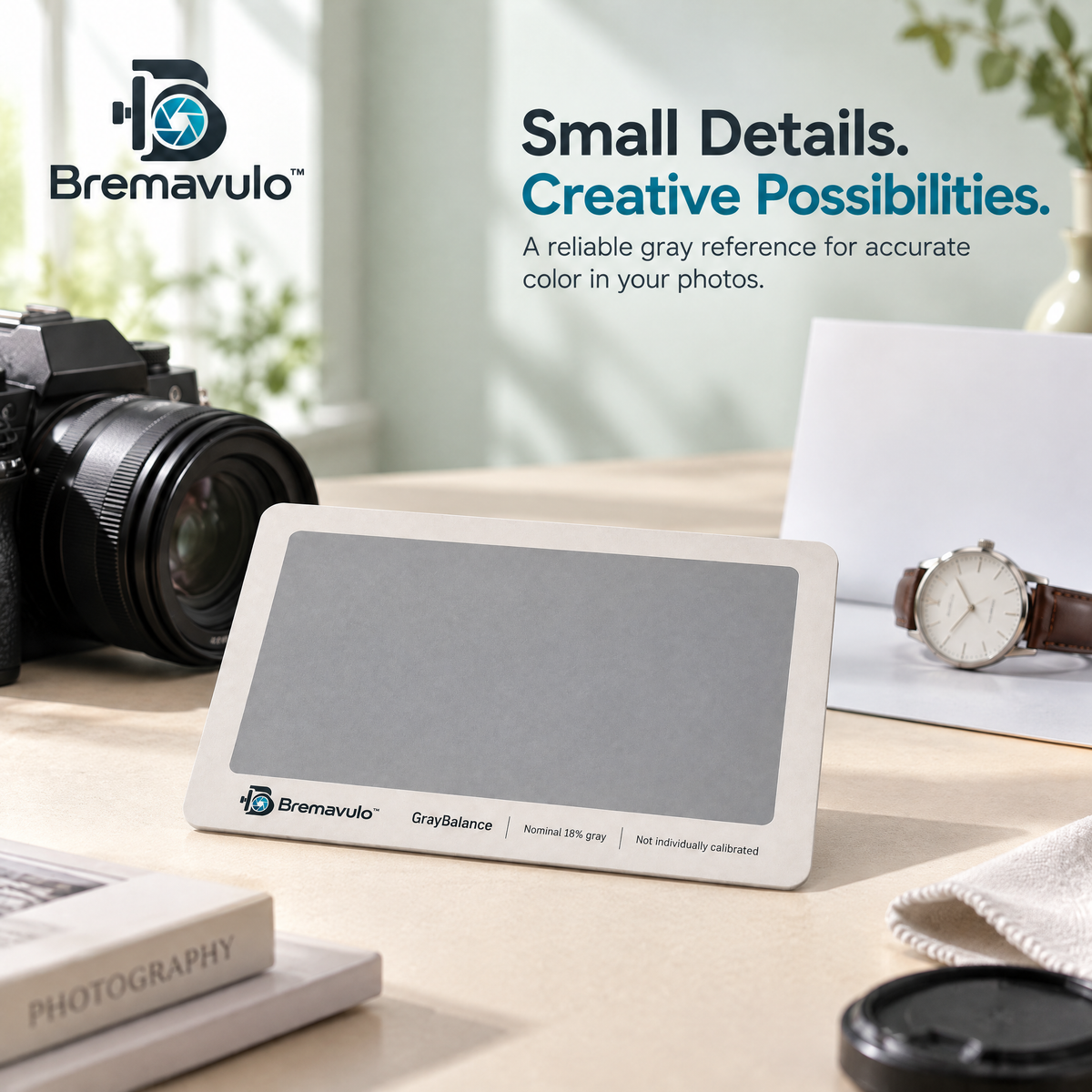 Bremavulo GrayBalance nominal gray reference card beside a still-life subject