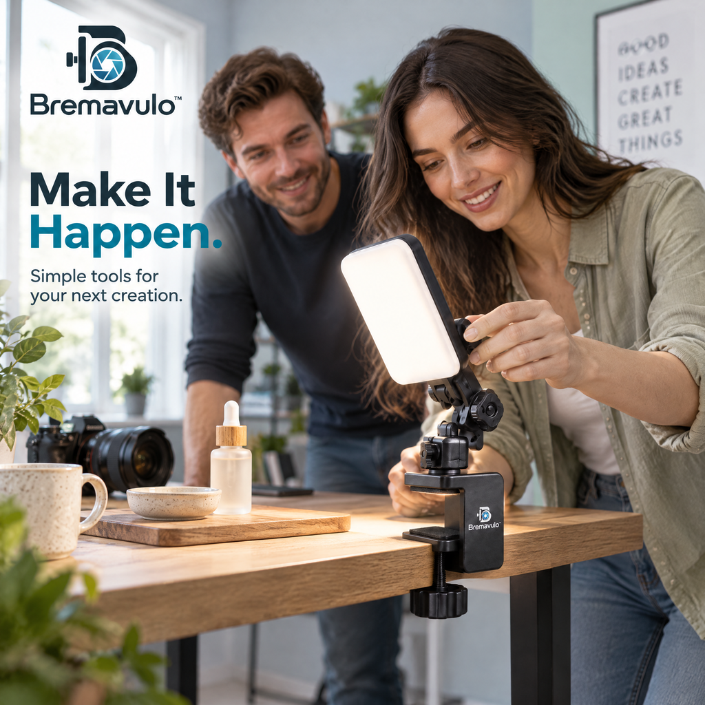Bremavulo LightDock desk-clamp light set being adjusted for a tabletop product photography scene
