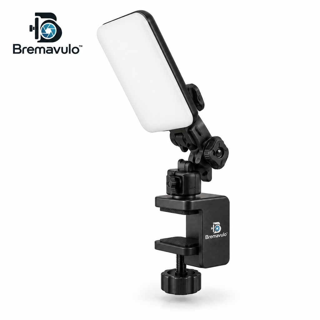 Bremavulo LightDock LED panel, adjustable jointed mount and screw desk clamp on a white background