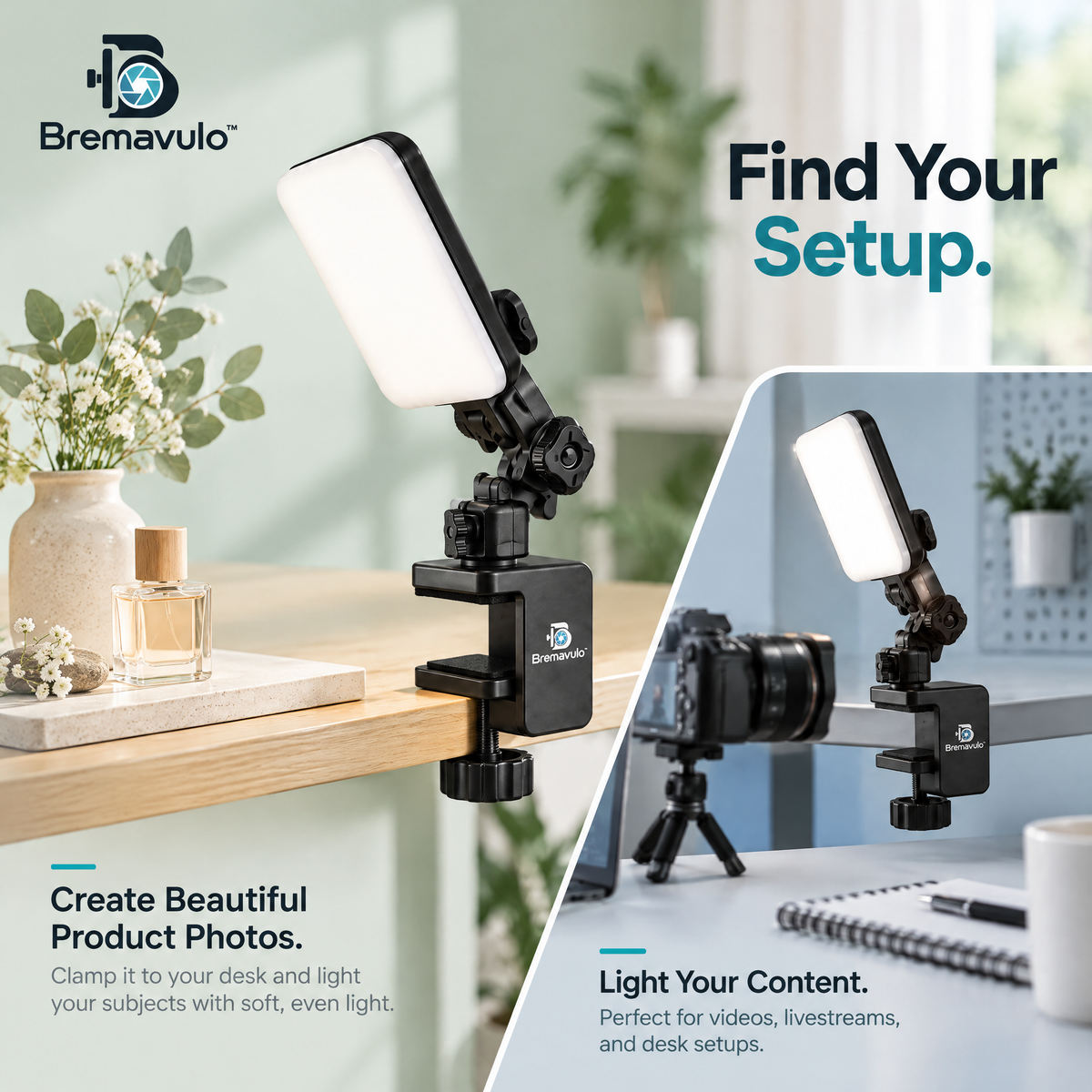Bremavulo LightDock compact light panel on an adjustable desk clamp for a tabletop photography workspace