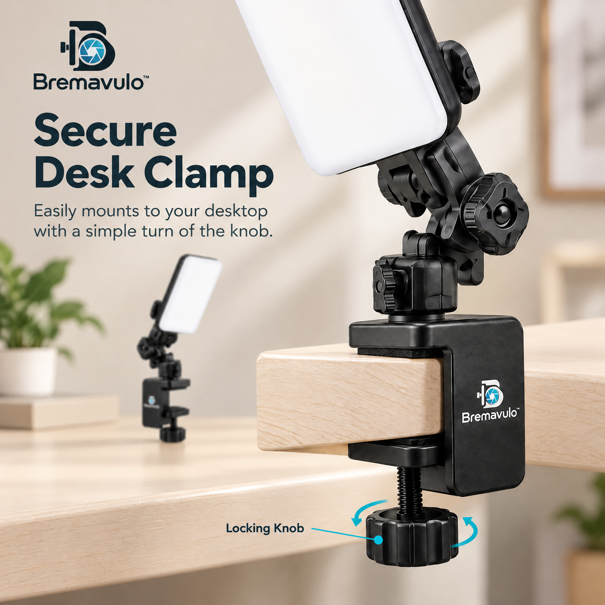 Bremavulo LightDock clamp secured to a desk edge with padded contact surfaces