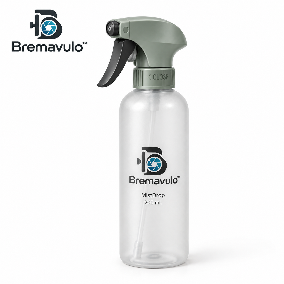 Bremavulo MistDrop frosted 200 mL bottle with manual trigger spray head on a white background