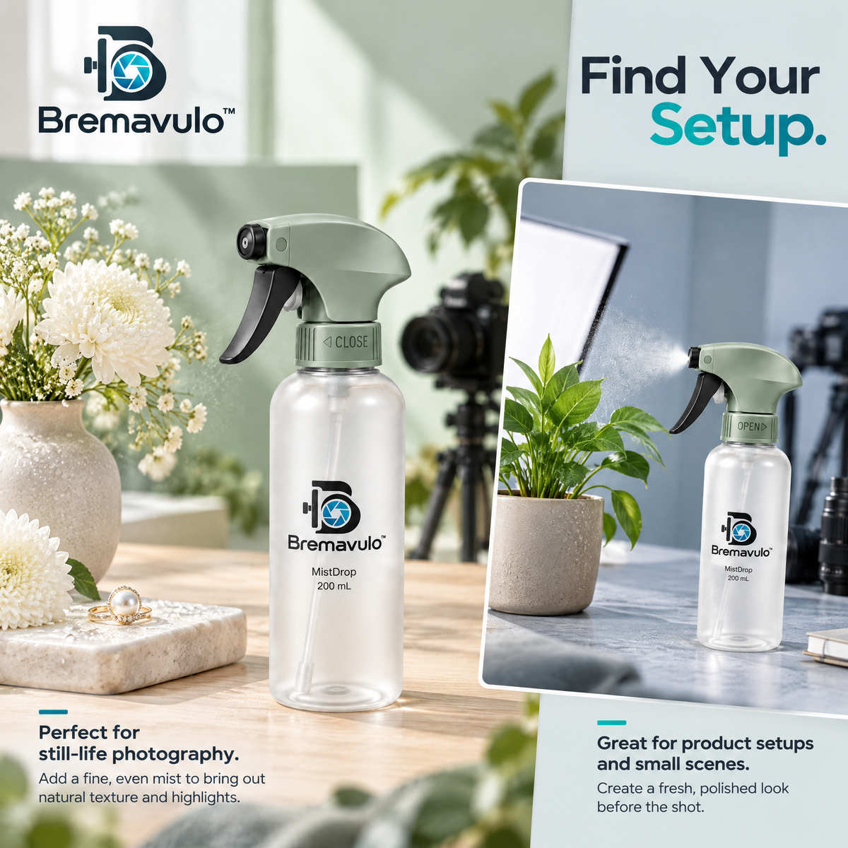 Bremavulo MistDrop water mist effect in a tabletop product photography scene