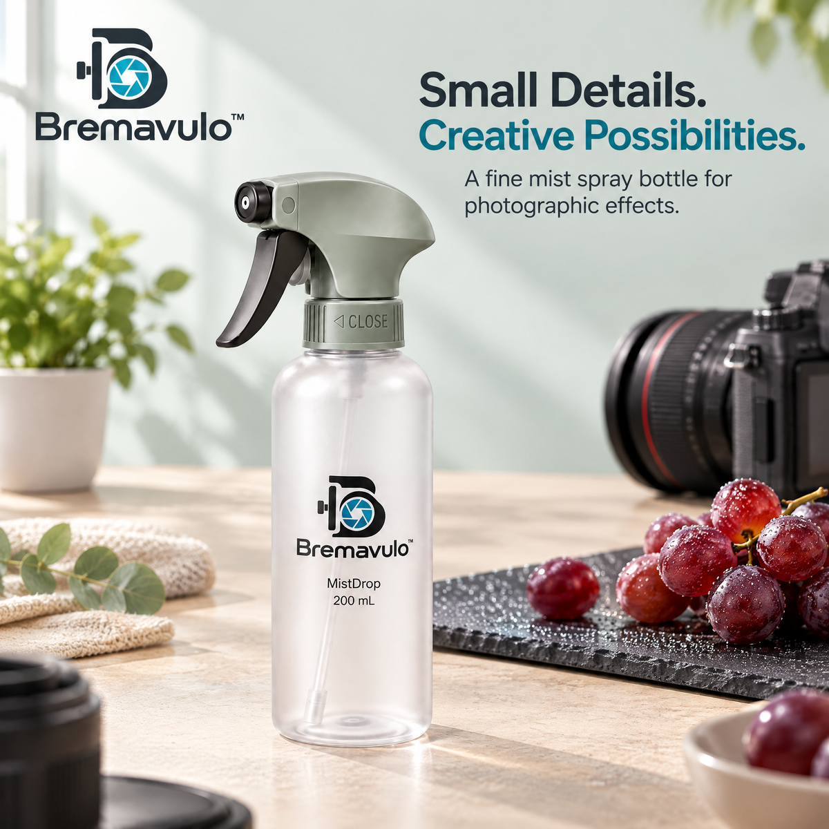 Bremavulo MistDrop compact frosted bottle and trigger head in a styled workspace