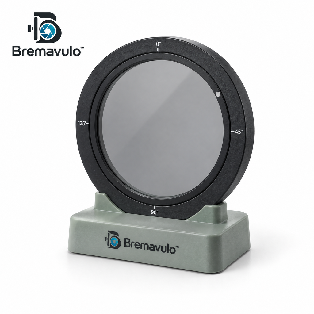Bremavulo ReflectionControl circular polarizer frame and freestanding tabletop base on a white background