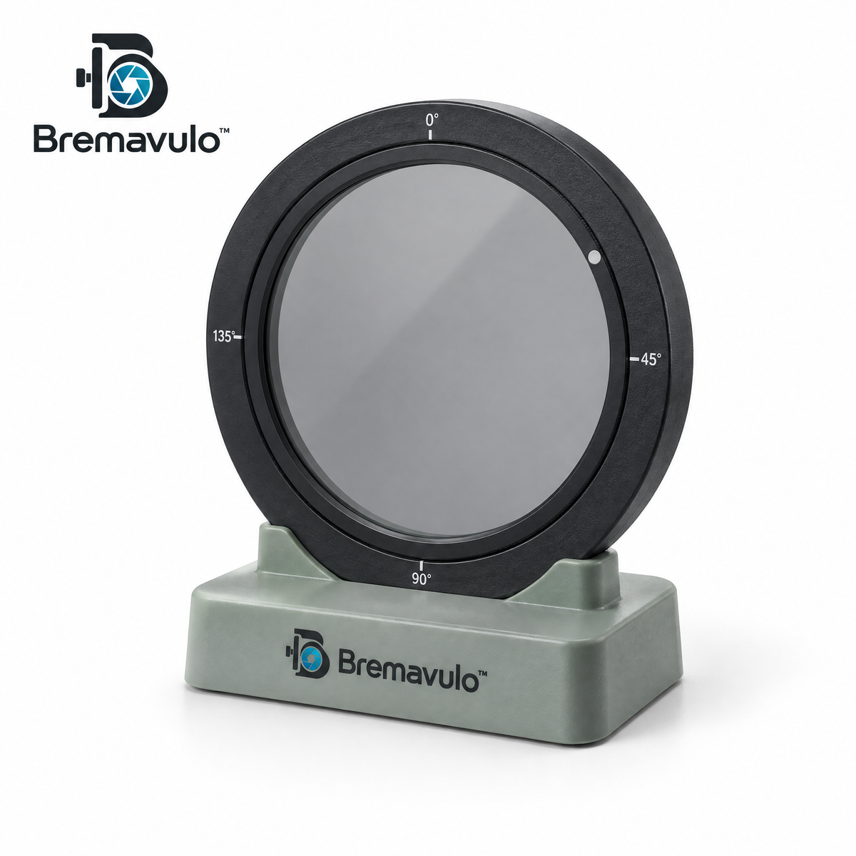Bremavulo ReflectionControl circular polarizer frame and freestanding tabletop base on a white background