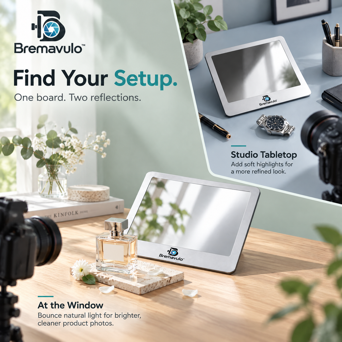 Bremavulo ReflectMirror used for window-light and studio tabletop photography compositions