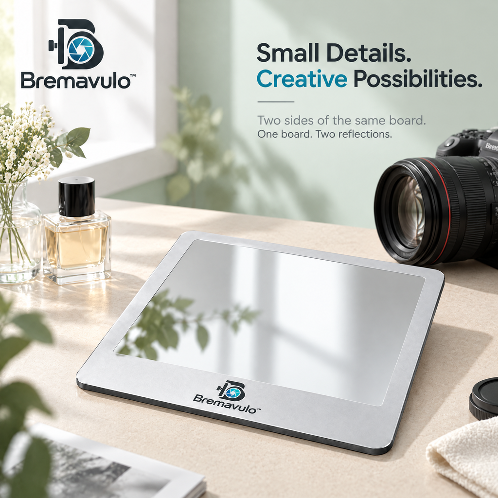 Bremavulo ReflectMirror silver reflective surface beside a still-life photography setup