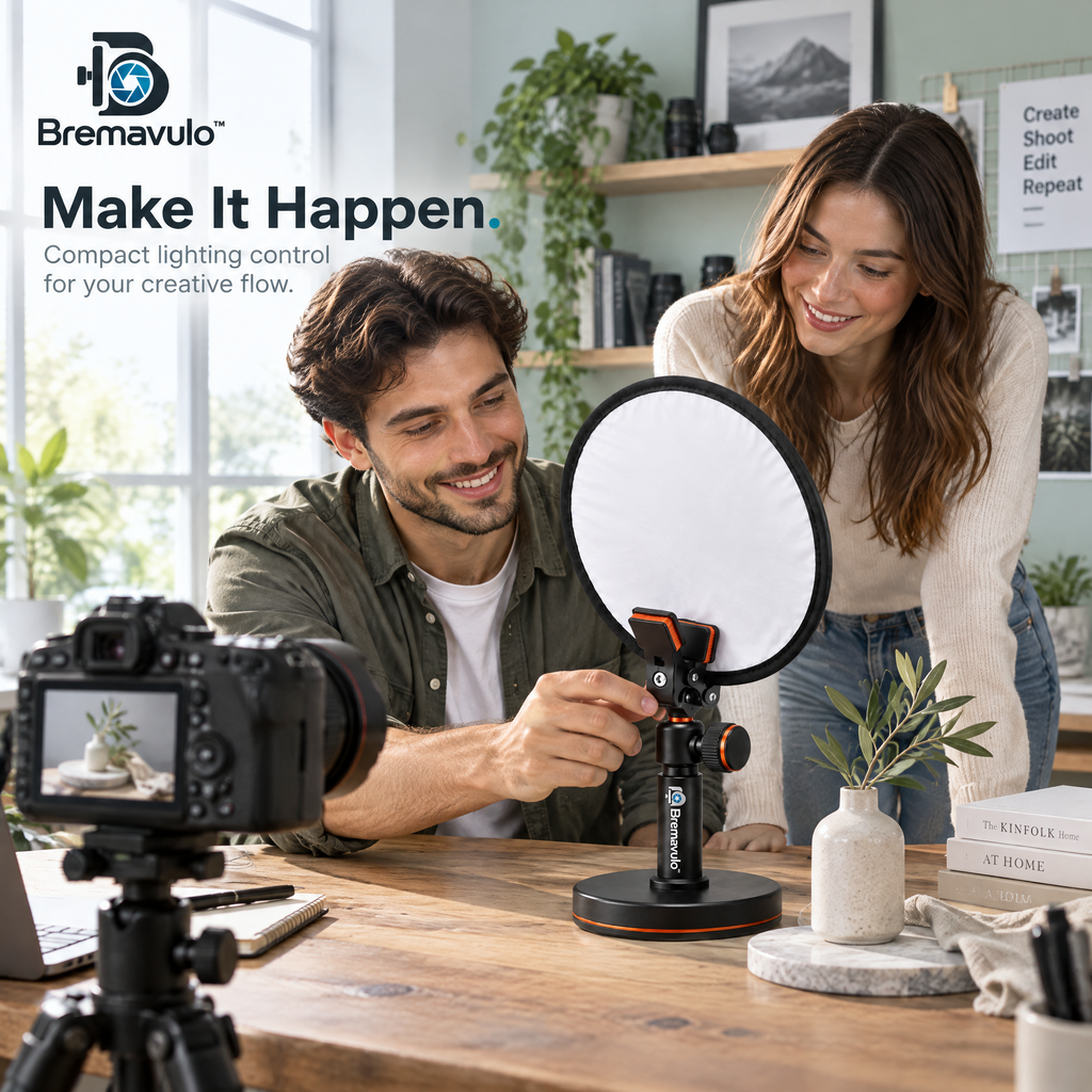 Bremavulo ReflectStand tabletop panel stand set being adjusted during a product photography session