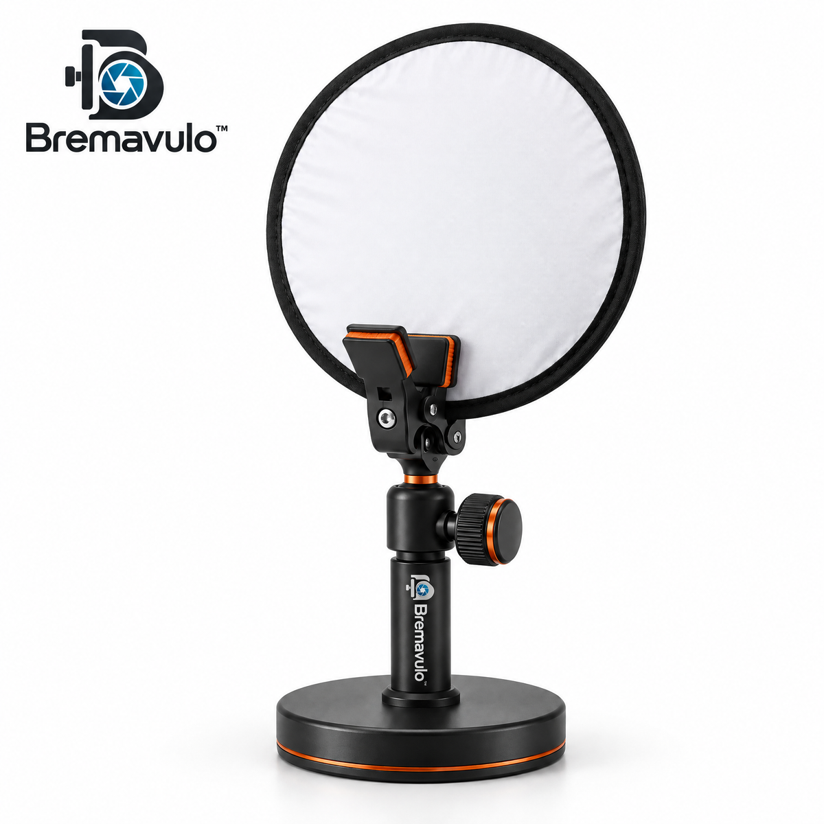 Bremavulo ReflectStand circular tabletop diffusion panel with adjustable clamp, post and round base on a white background