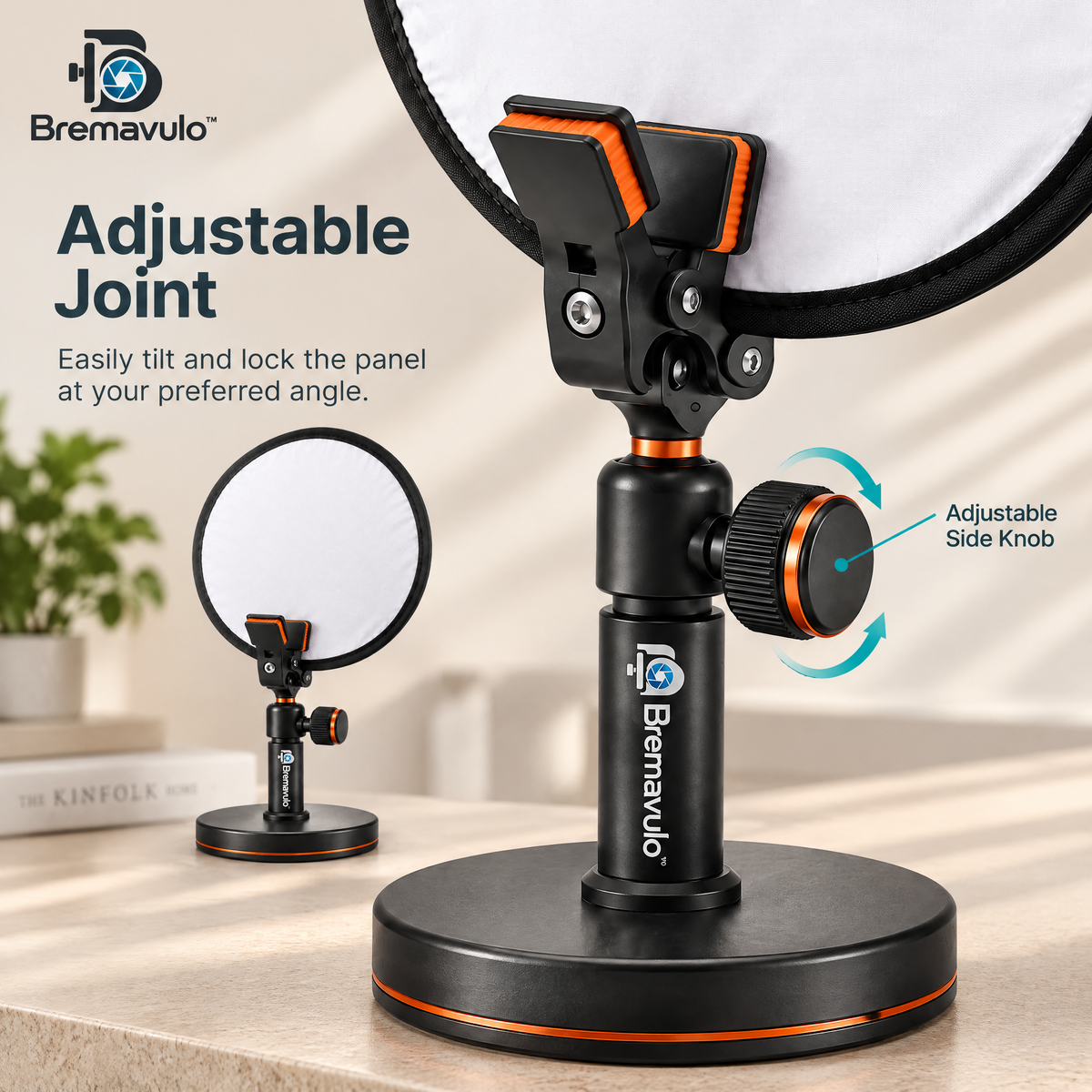 Bremavulo ReflectStand adjustable joint and side knob for positioning the circular panel