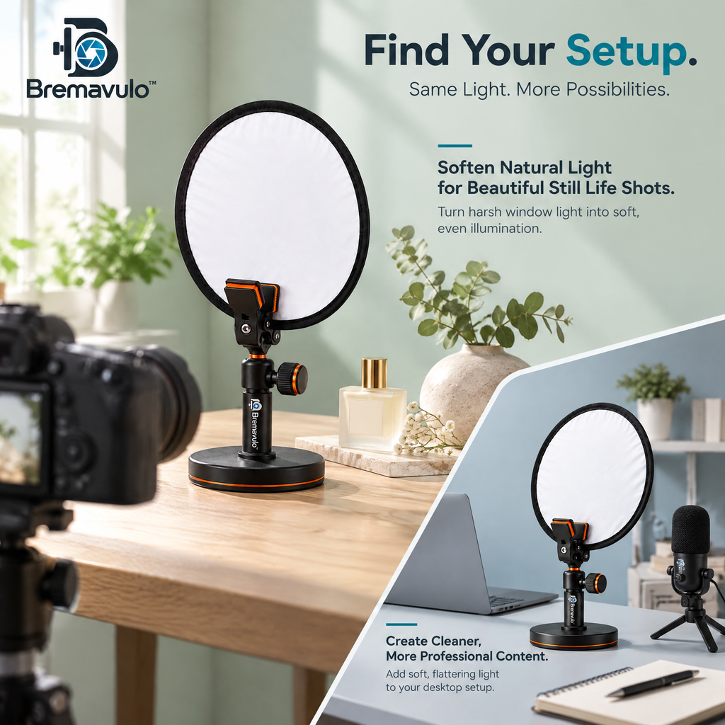 Bremavulo ReflectStand tabletop panel softening window light for still-life photos and desktop content