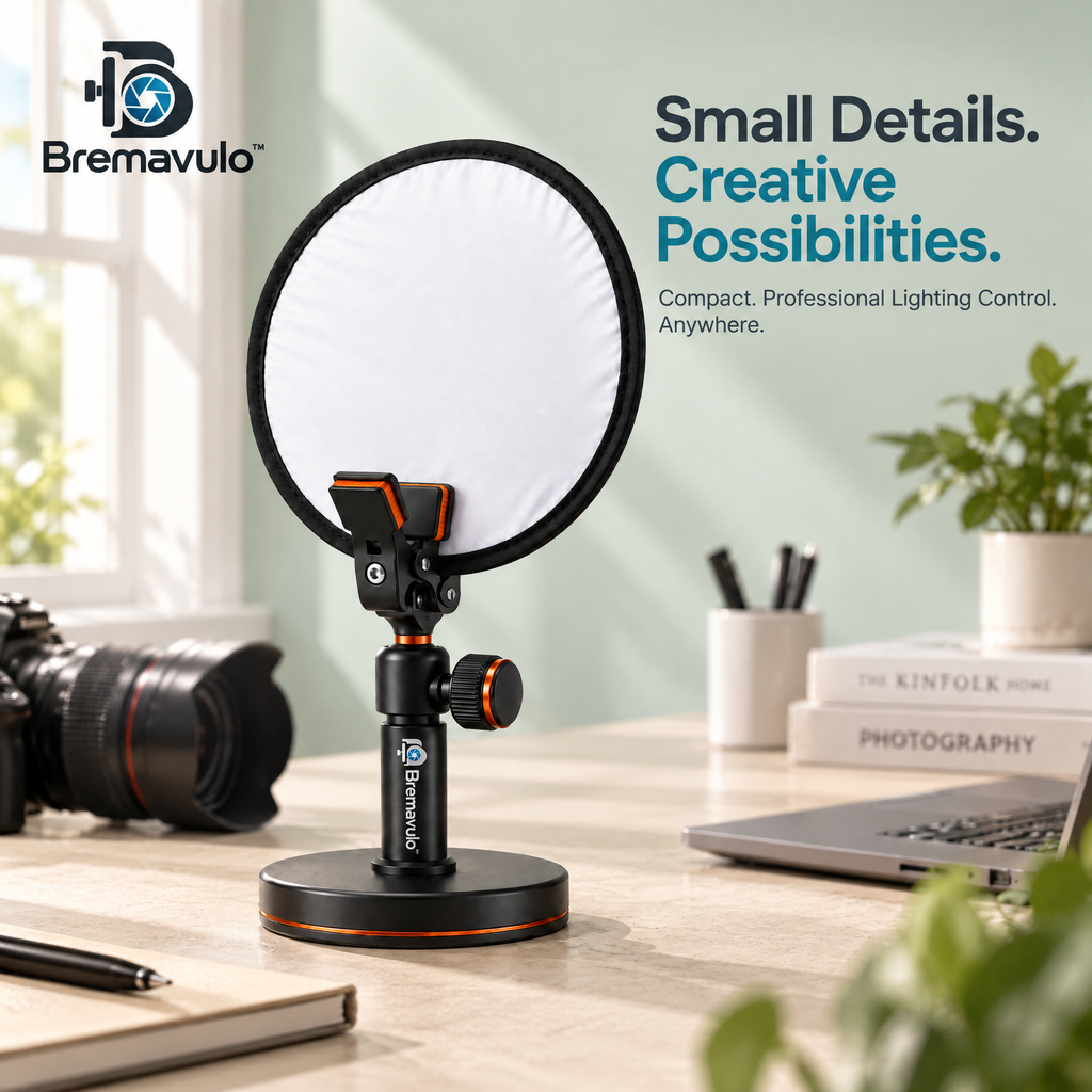 Bremavulo ReflectStand compact circular diffusion panel and adjustable tabletop support in a photography setup