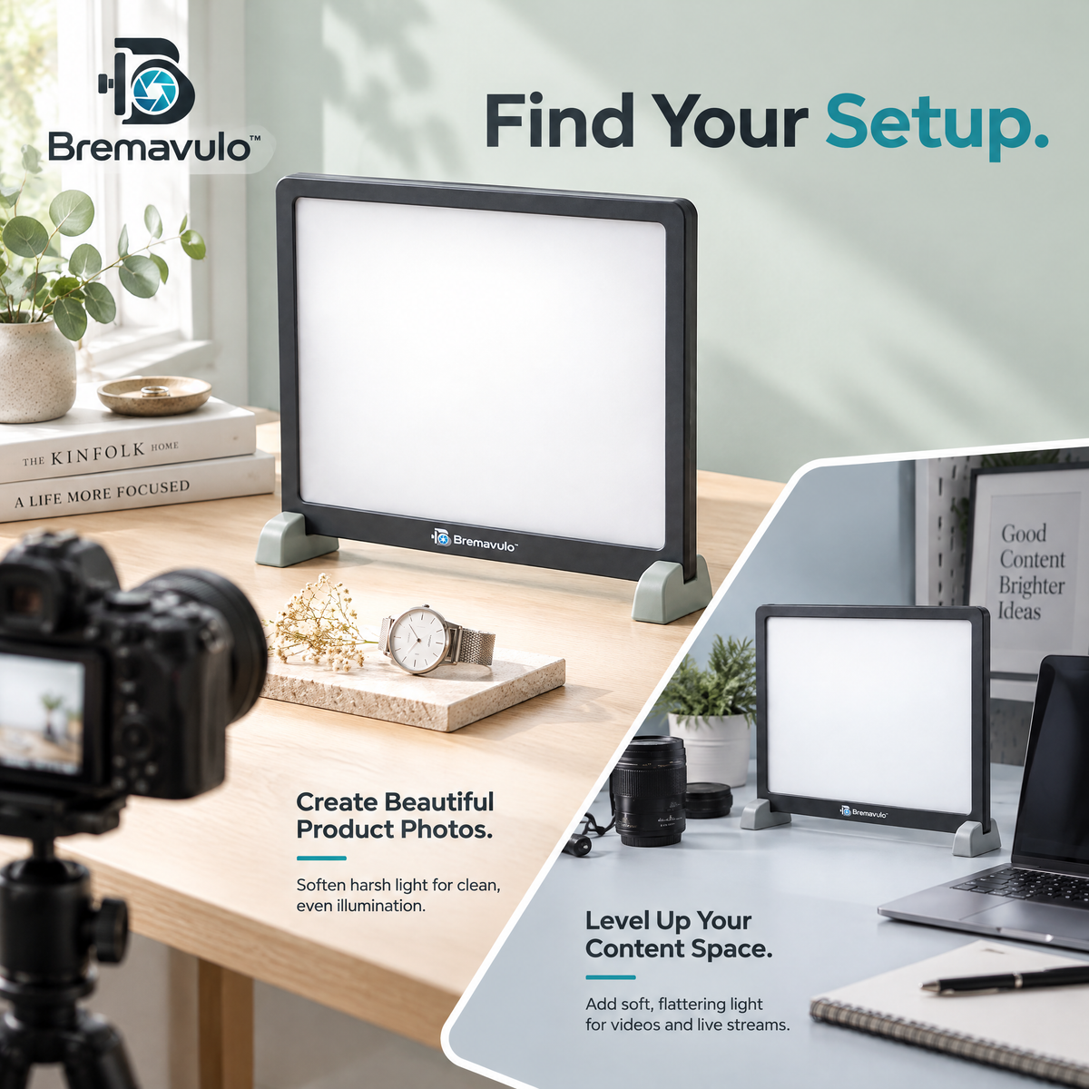 Bremavulo SoftDiffuser softening light for still-life product photos and a desktop content setup