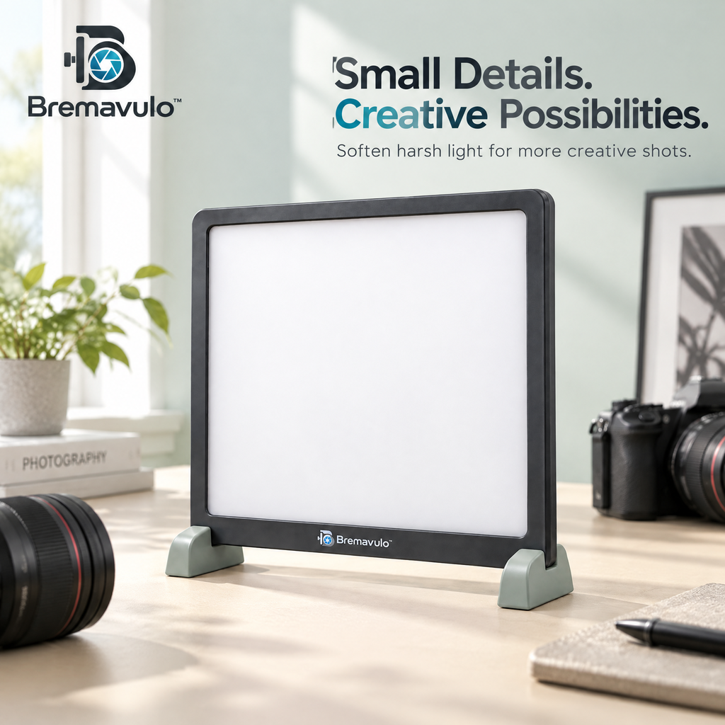 Bremavulo SoftDiffuser compact framed diffusion screen positioned on a tabletop beside a camera