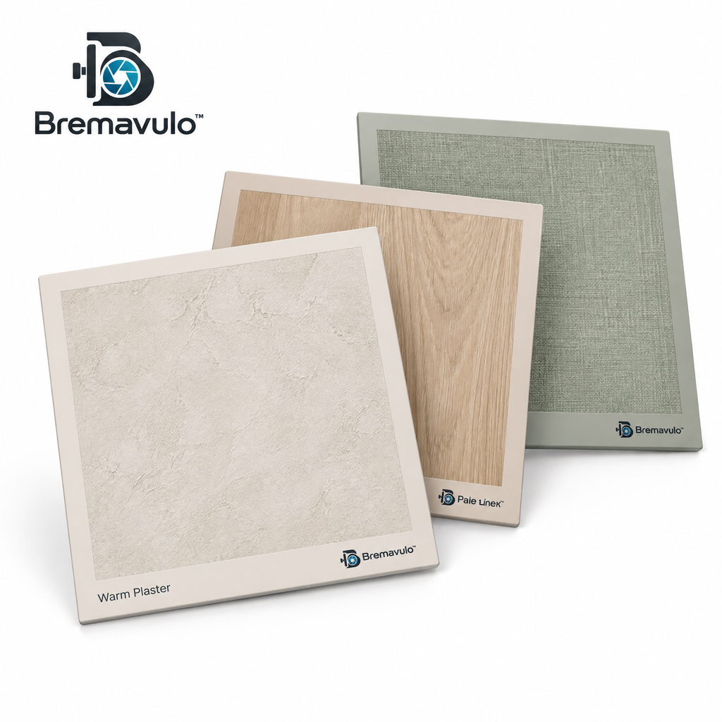 Bremavulo TextureBoard three-board set showing Warm Plaster, Pale Oak and Sage Linen faces