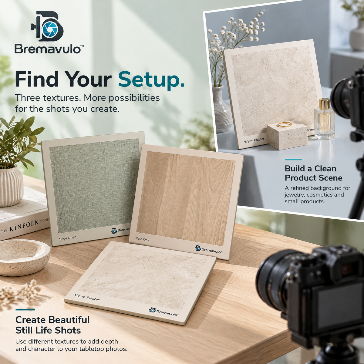 Bremavulo TextureBoard surfaces arranged for still-life product photography compositions