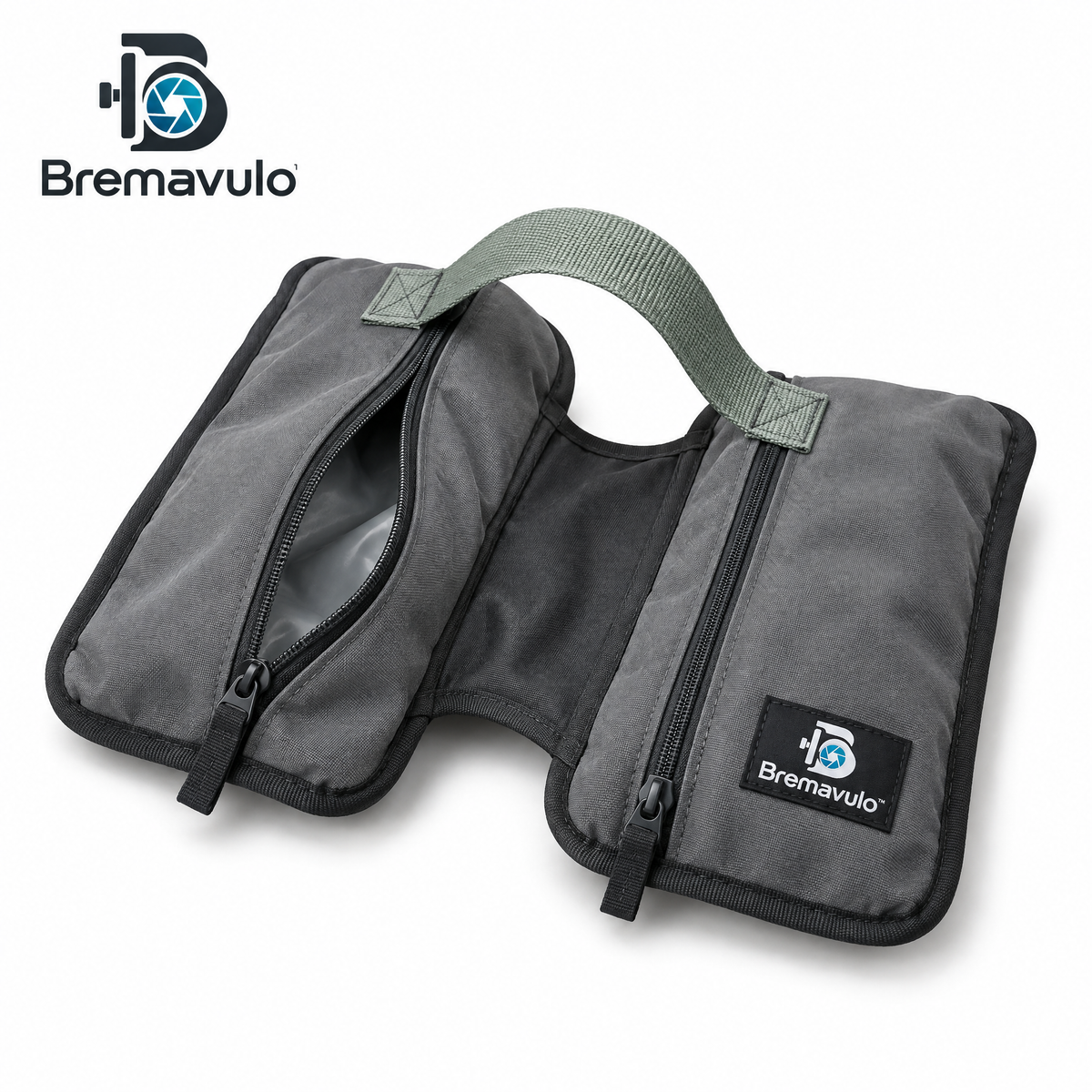 Bremavulo WeightLock empty saddlebag with two zip compartments and a sage carry handle