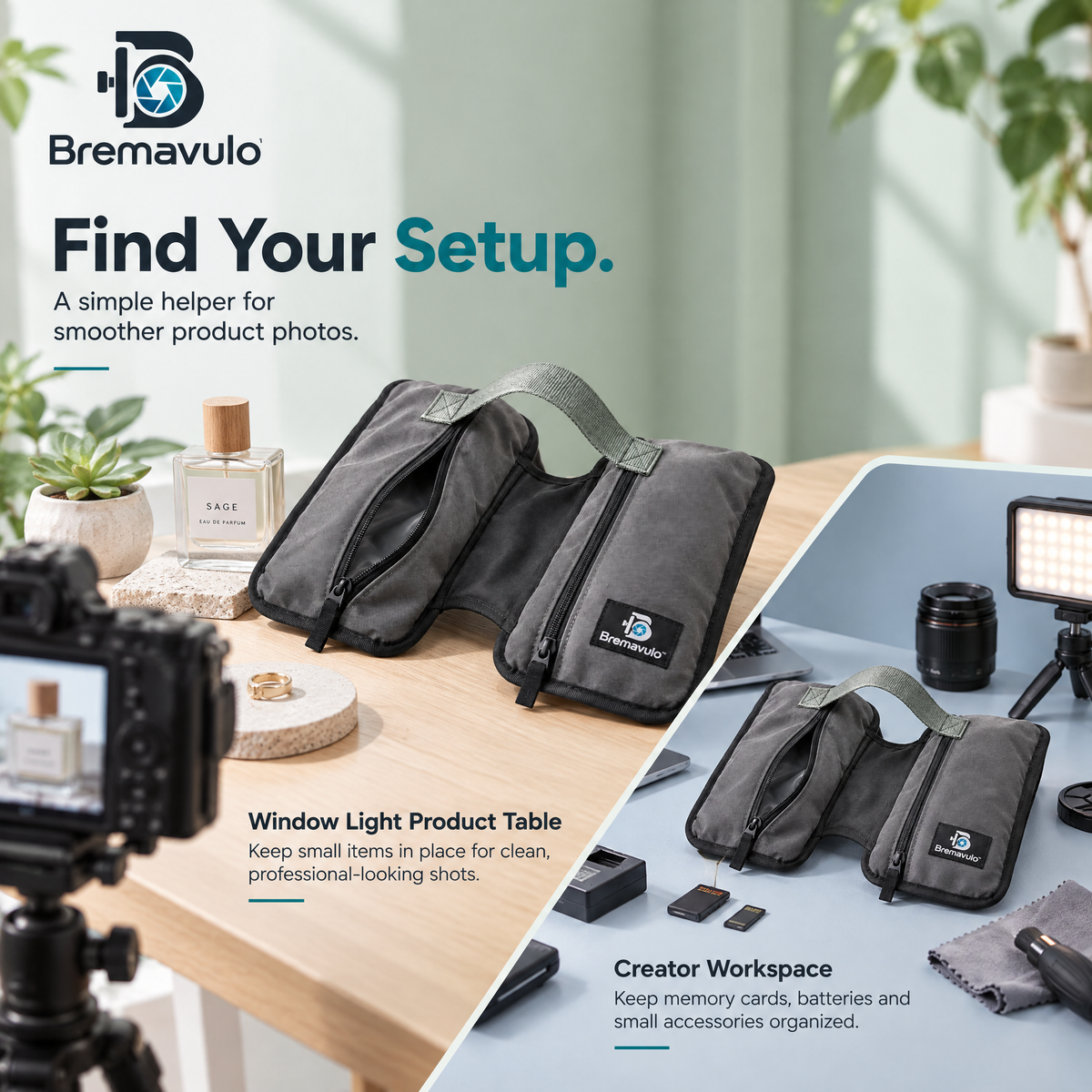 Bremavulo WeightLock dual-section bag placed with photography equipment