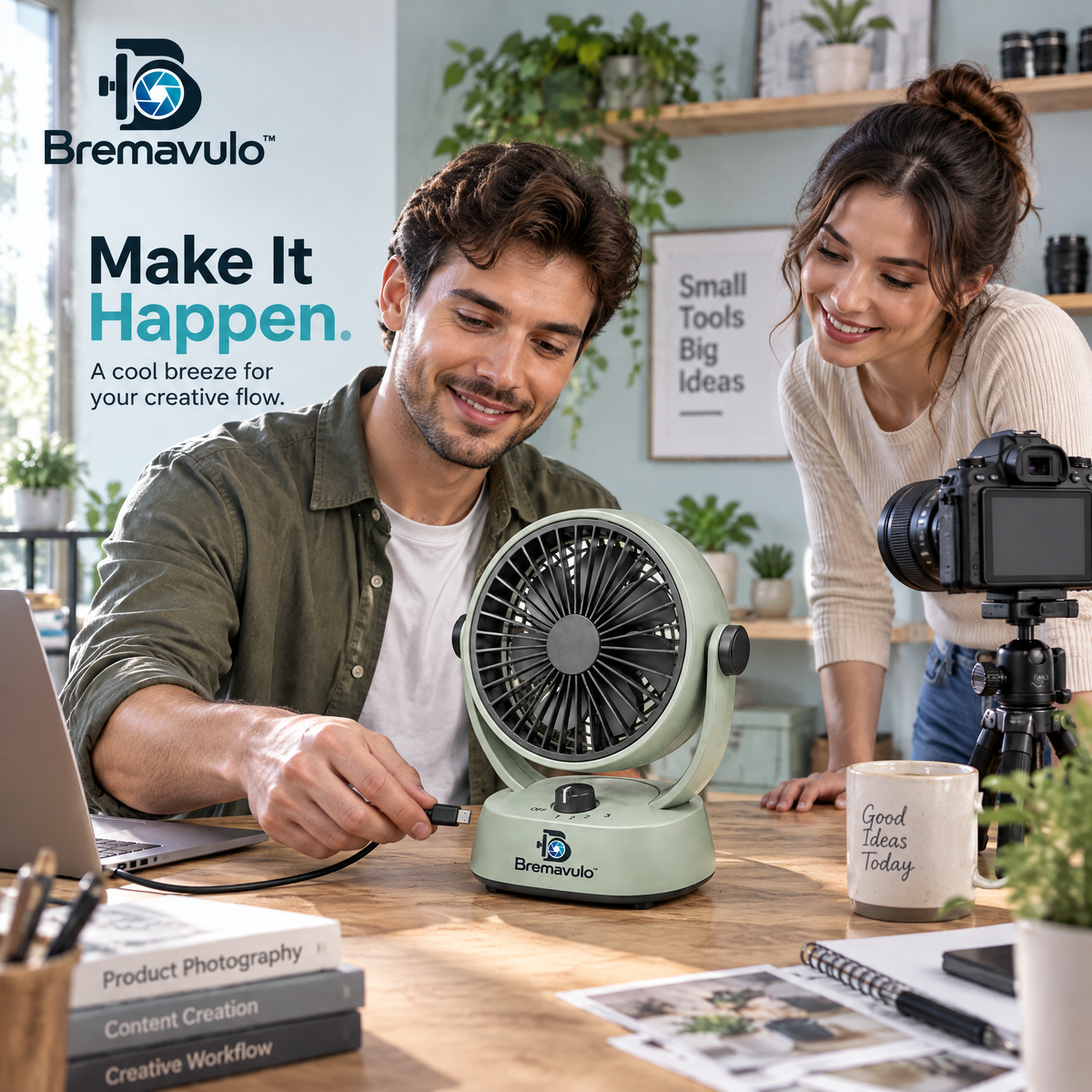 Bremavulo WindFlow compact desktop fan being adjusted in a tabletop photography workspace