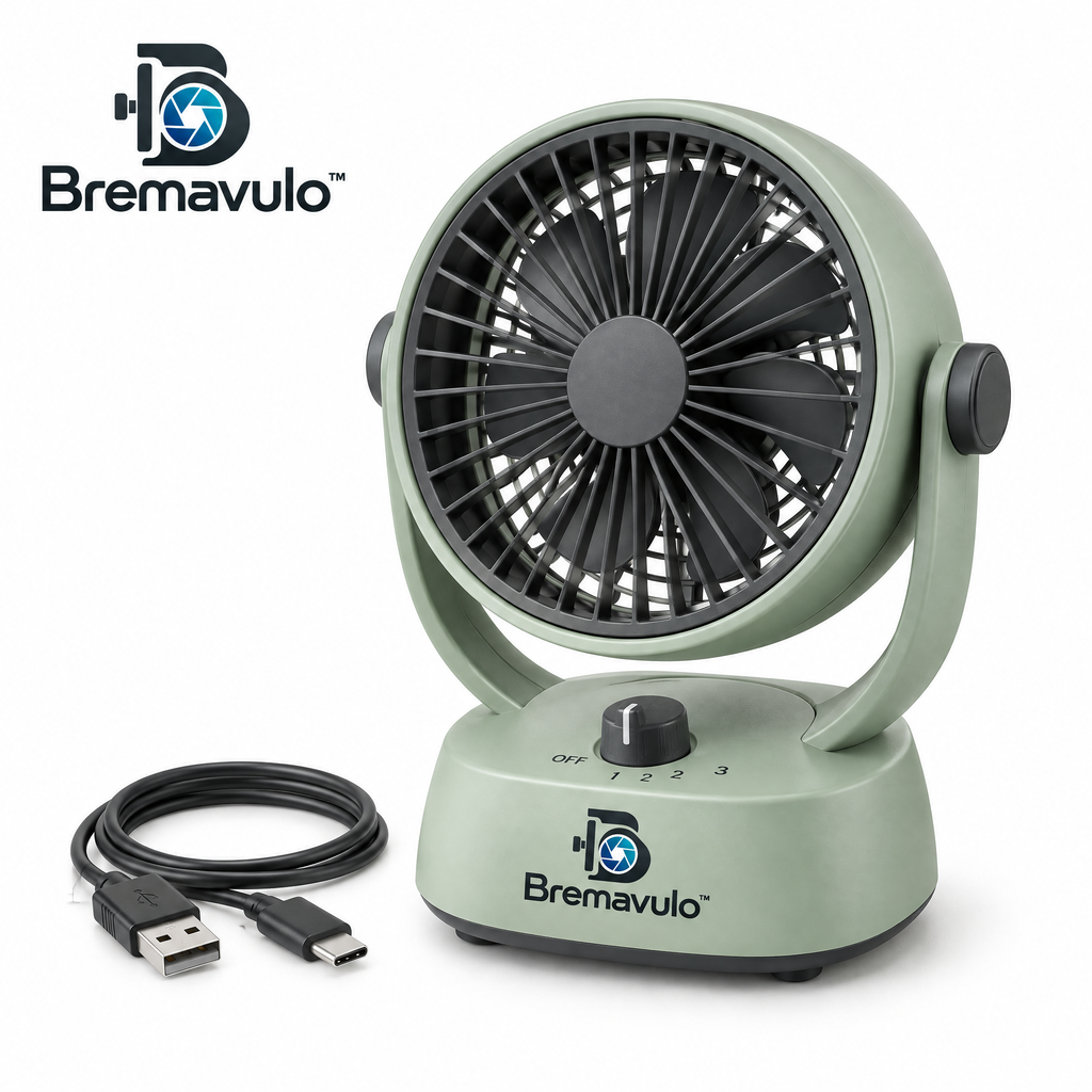 Bremavulo WindFlow sage desktop fan with the included USB-A to USB-C cable on a white background