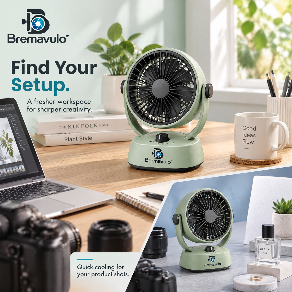 Bremavulo WindFlow fan positioned beside camera equipment in a tabletop workspace
